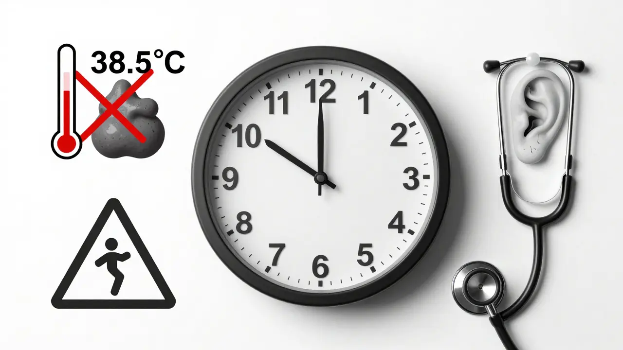 Hodiny s ukazateli tvaru krku a ucha, ukazující kritické příznaky infekce.