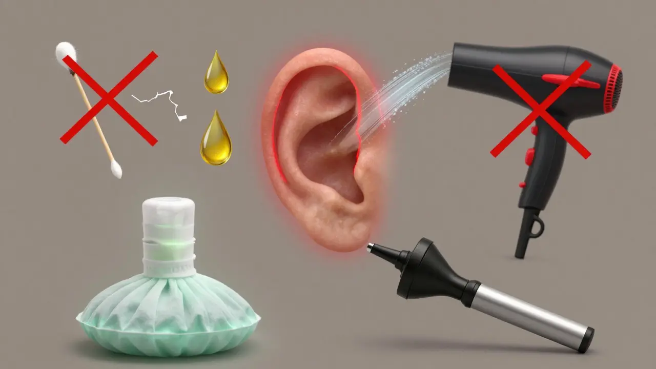 Koncepční obrázek ucha s ikonami nebezpečných praktik přeškrtnutých a bezpečnými řešeními v popředí.