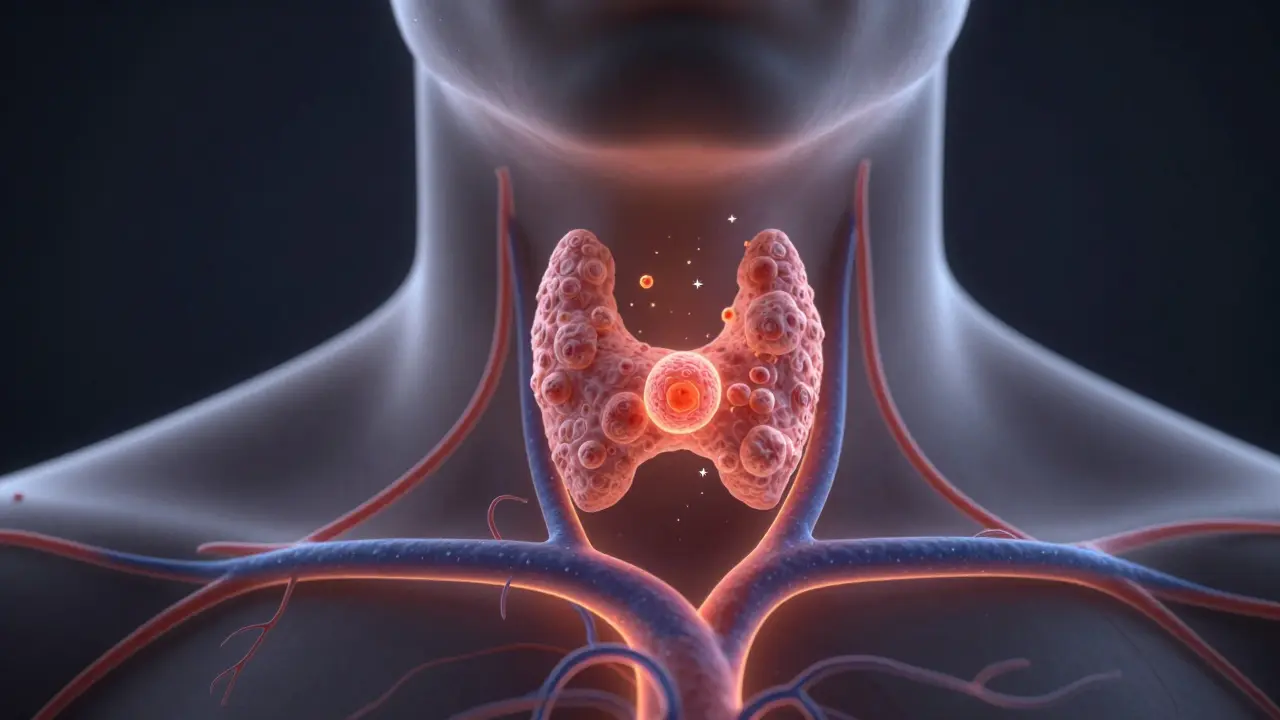 Křehké světlo ukazuje neškodné uzlíky v štítné žláze, jeden z nich se září varovně.