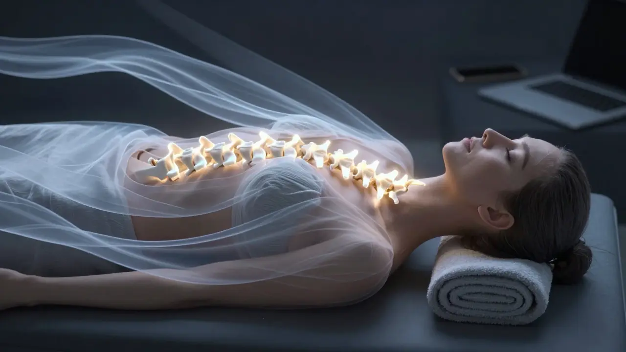 Křivka krční páteře s uvolňujícími svalovými pásy a podložkou pod krkem v klidném prostředí.