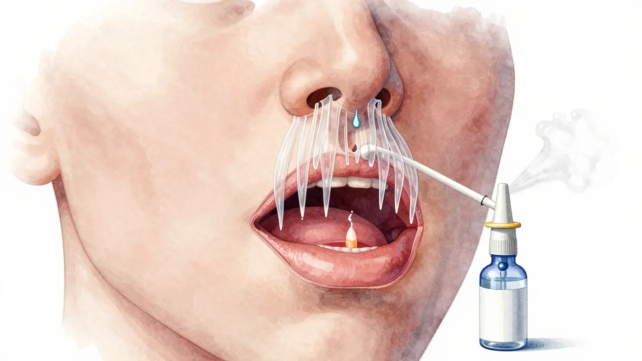 Křížový řez hltanu s visícím slizem, postnazálními kapkami a kyselinou z žaludku, s vlhčičkou a sprejem.