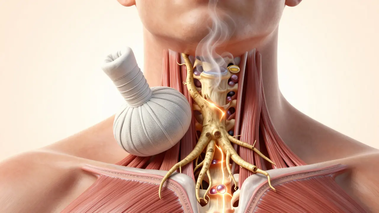 Křížový řez krku s uvolňujícími přírodními prvky: teplo, kořeny a magnezium.