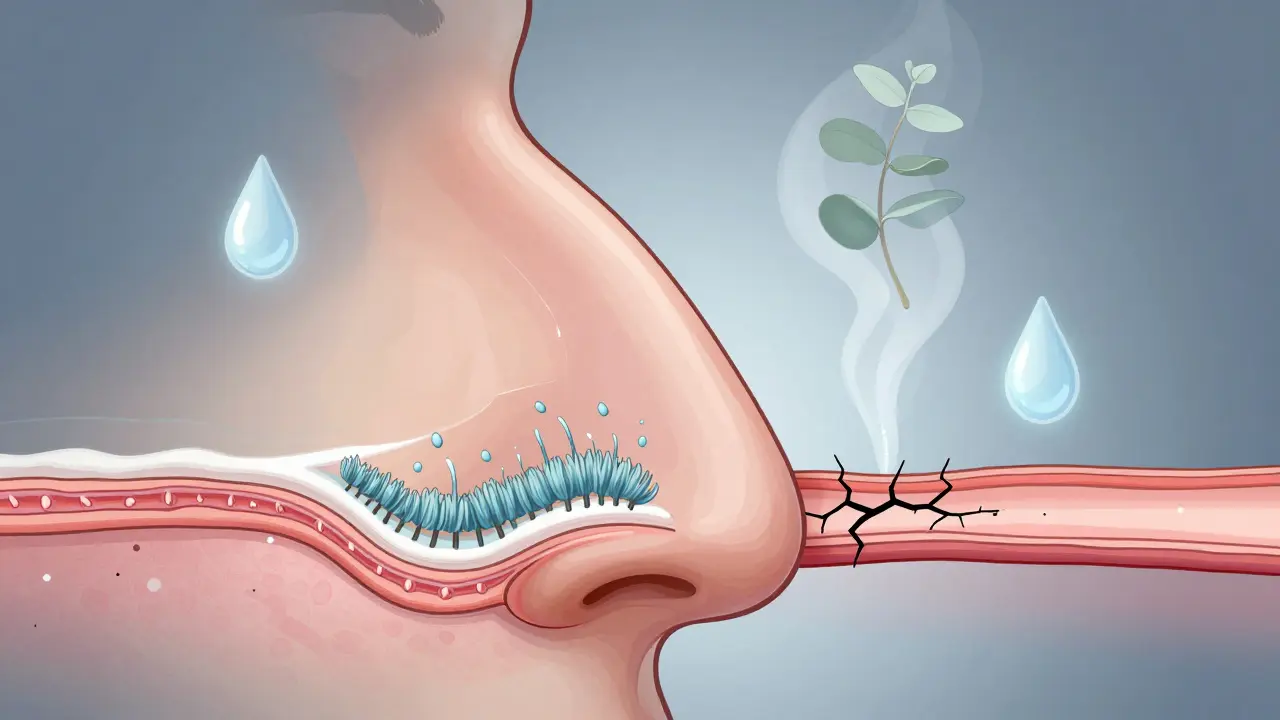 Křížový řez nosní sliznice: zdravá vs. vysušená, s symboly hydratace.