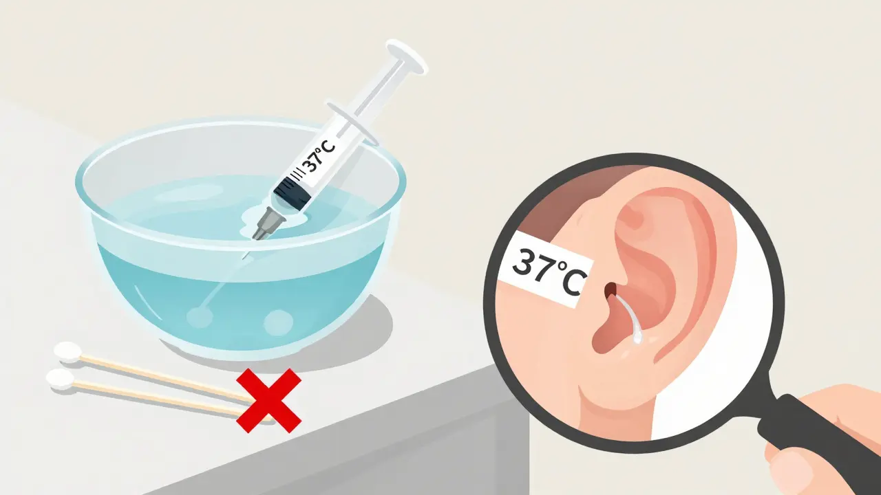 Krok za krokem bezpečné propláchnutí uší: roztok, syringa a zakázané Q-tipy s křížkem.