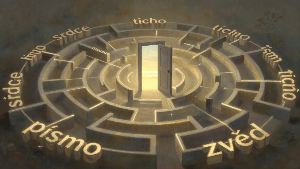 Labyrint z českých slov propojených zářícími nitkami rýmů, vедoucí k otevřeným dveřím.