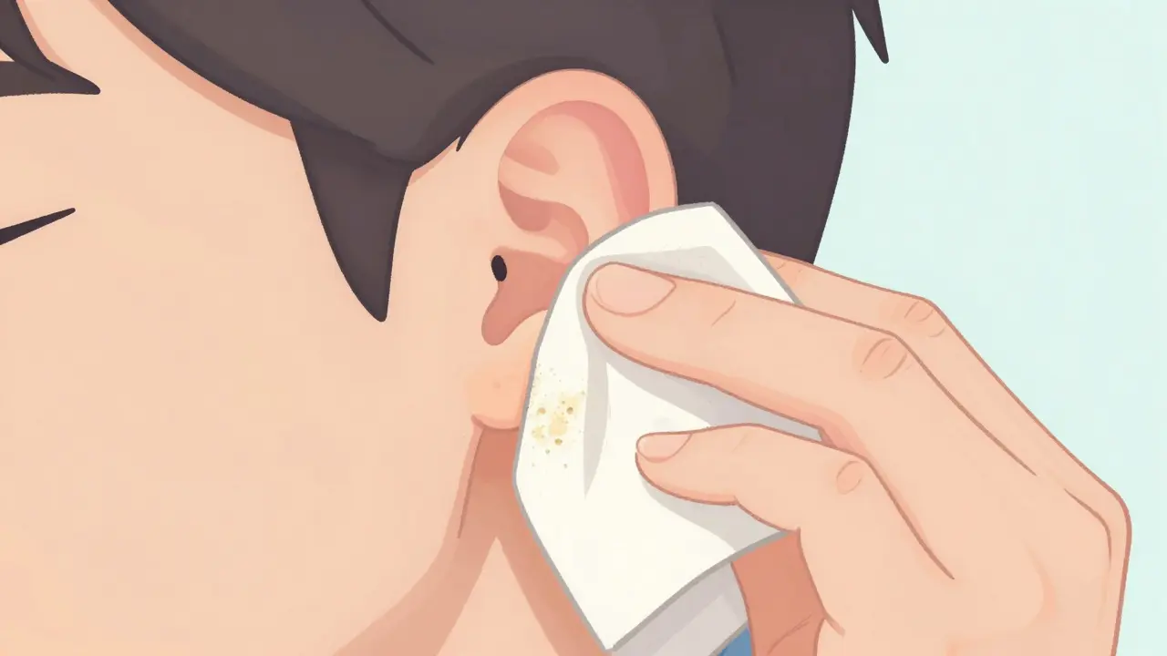 Měkký ručník čistí oblast za ušima bez hrotů