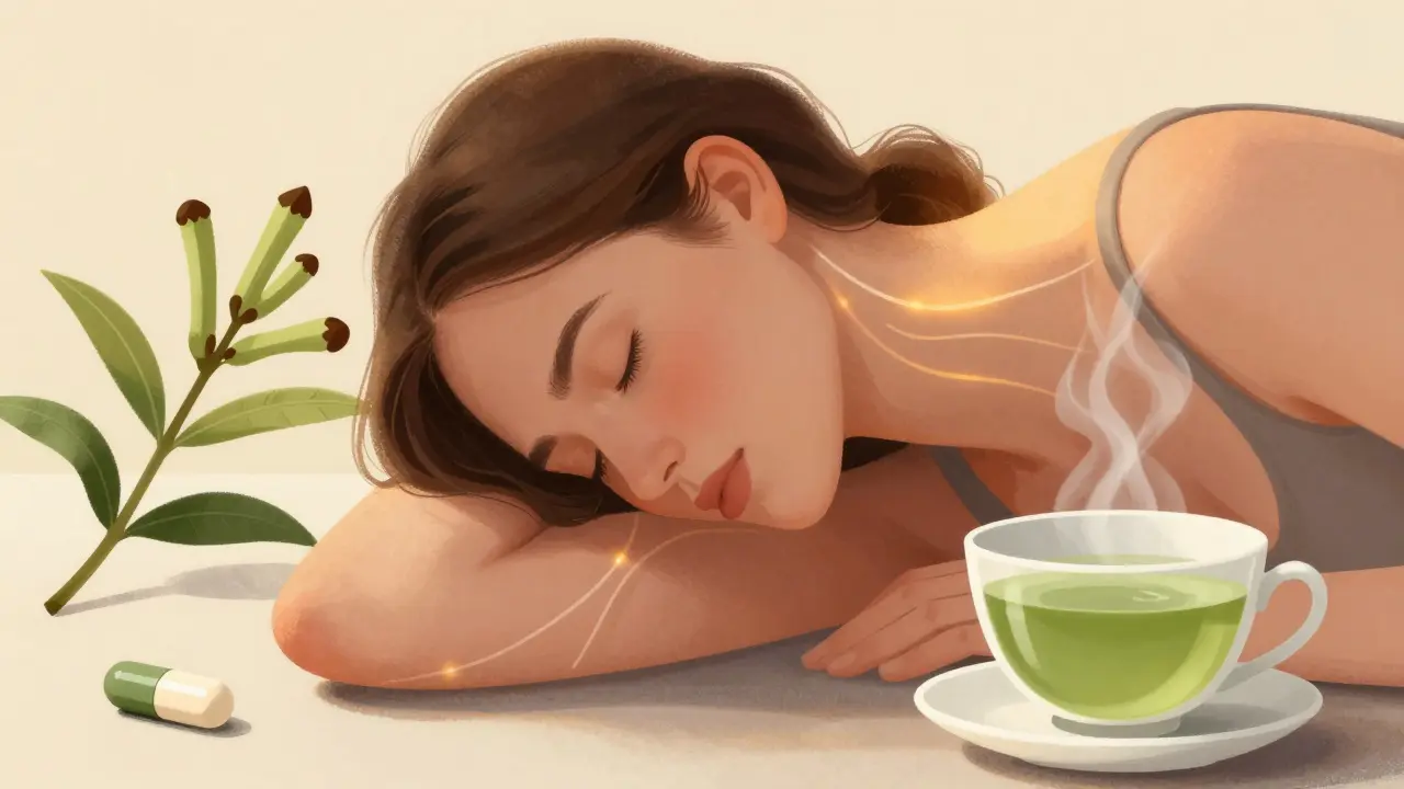 Osoba jemně naklání hlavu vedle přírodních léčiv: chřestík, zelený čaj a magnezium.