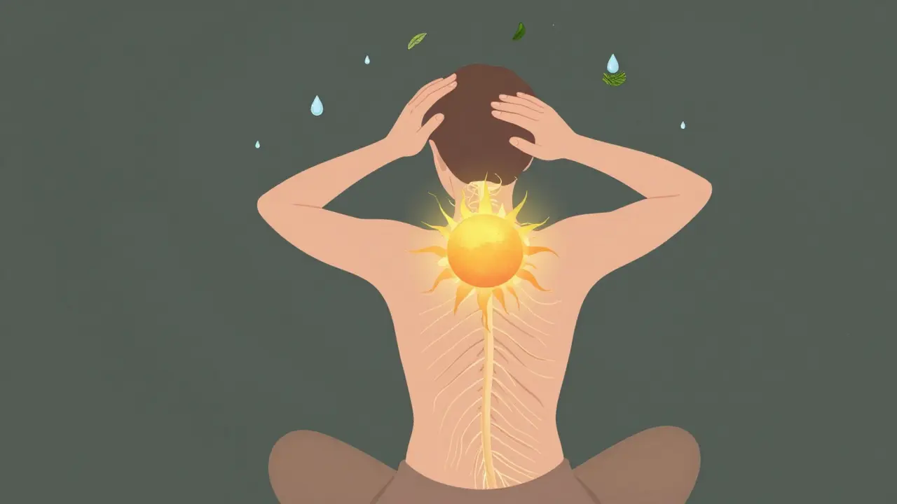 Osoba provádějící jemné pohyby hlavou s teplým obkladem na krku a energií proudící po nervích.