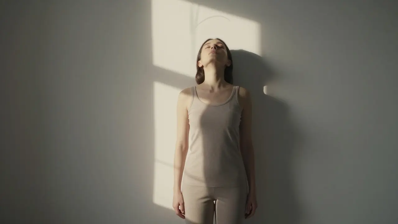 Osoba stojí s hlavou, zády a patami přitisknutými k zdi, uvolňuje celé tělo.