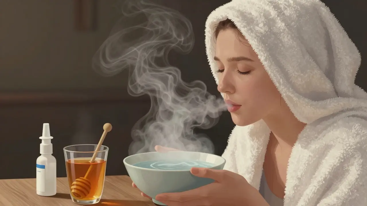 Osoba vdechuje páru z misky s teplou vodou, přikrytá ručníkem, vedle ní teplý čaj a nosní sprcha.