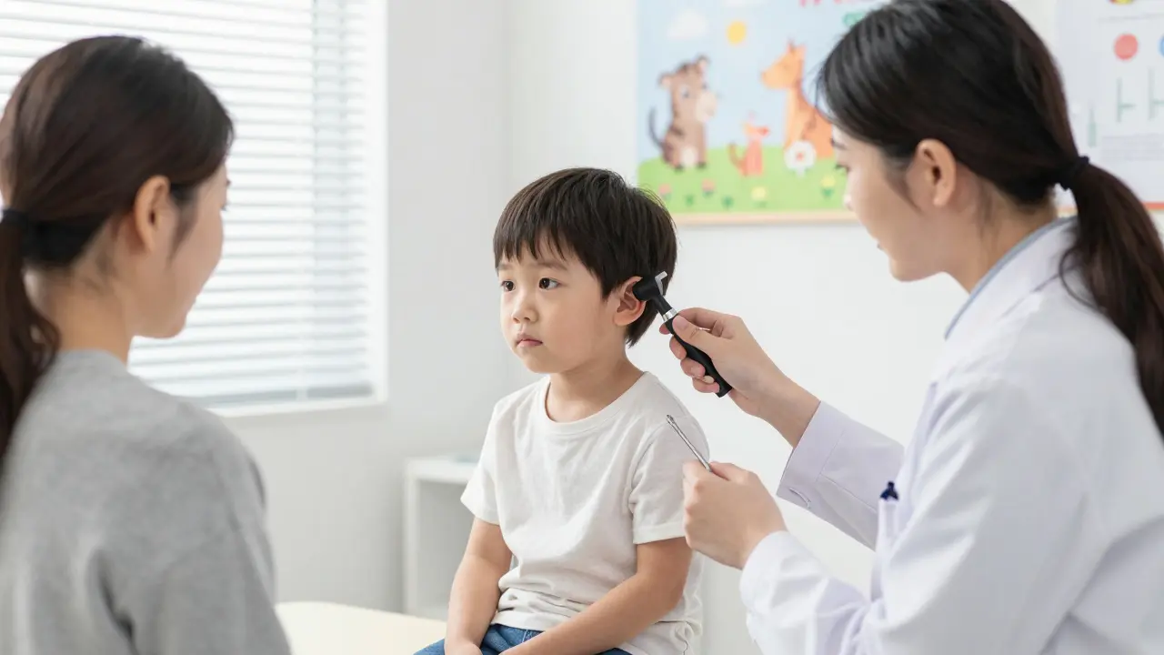 Pediatr vyšetřuje ucho dítěte v klinice s rodičem vedle.