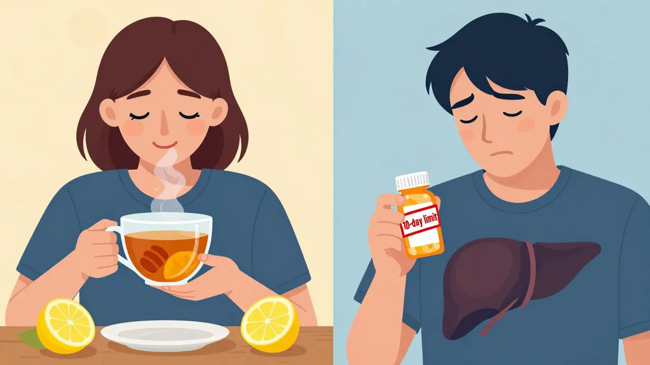 Person drinking soothing tea vs. person with warning symbols of prolonged use.