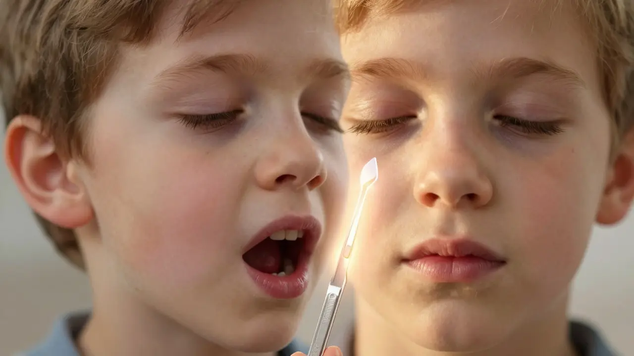 Přechod obličeje dítěte od únavy po zotavení po operaci.