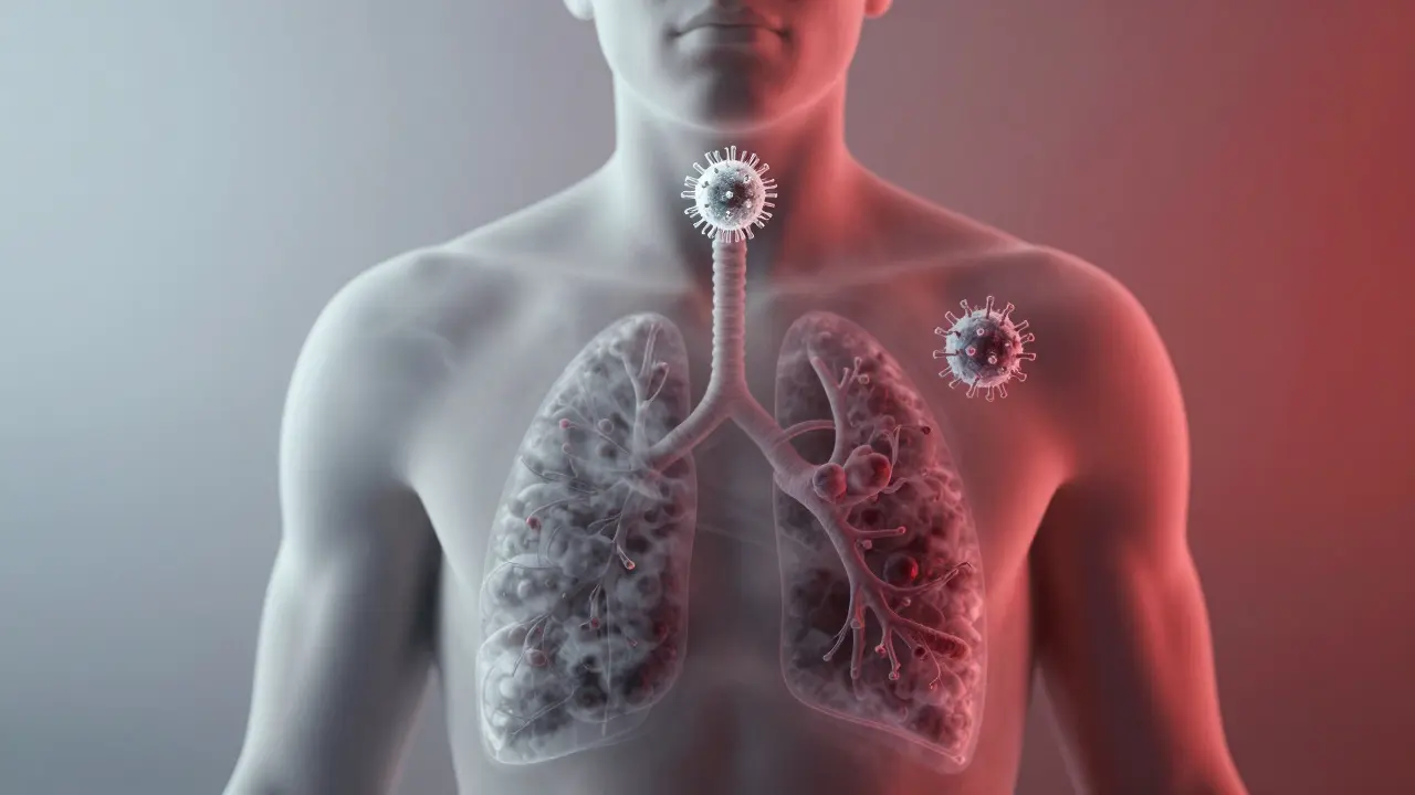 Průhledný pohled do plic s virem a bakterií, symbolizující přechod rýmy na vážnější infekci.