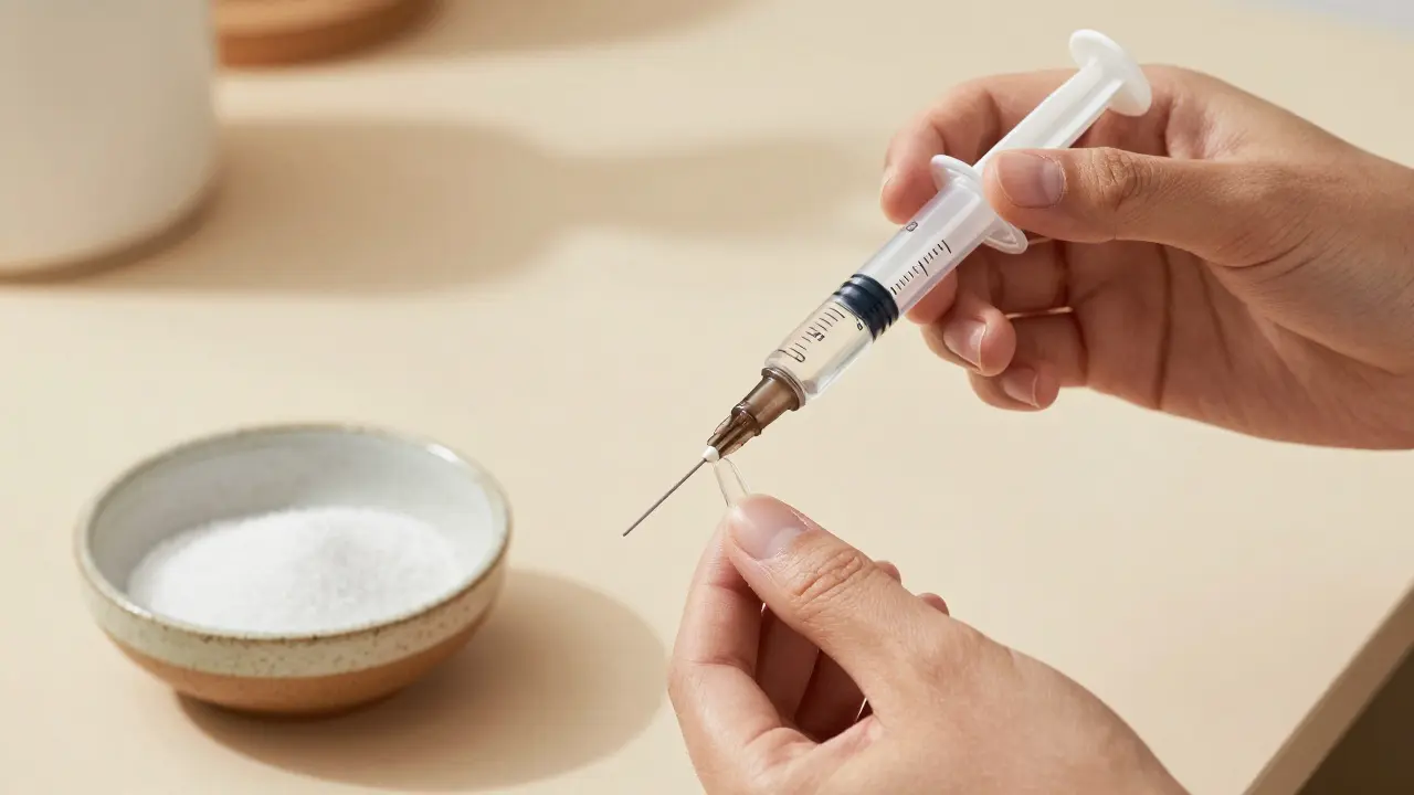 Sterilní syringa bez jehly vkládá solný roztok do nozdry.