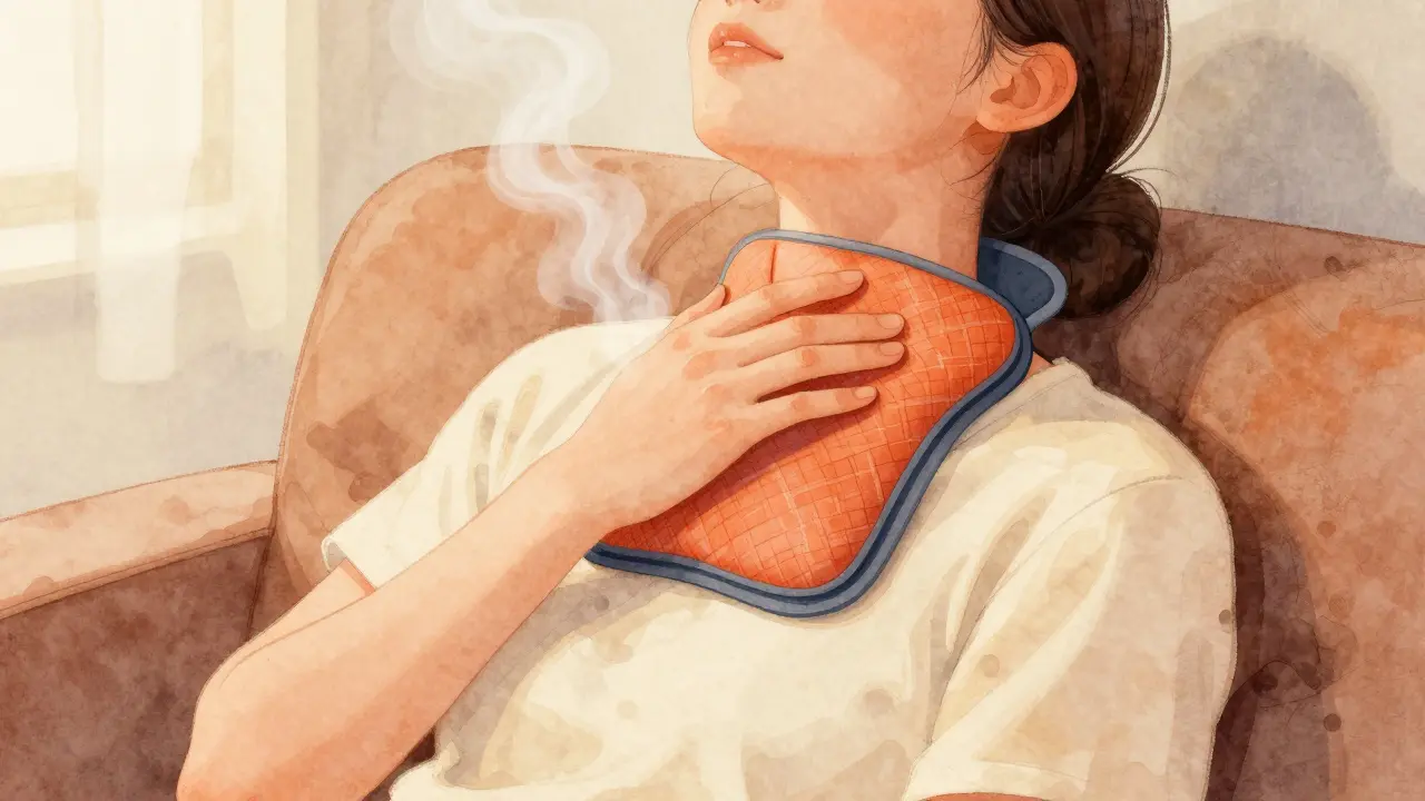 Teplý obklad na krk při sedění na pohovce.