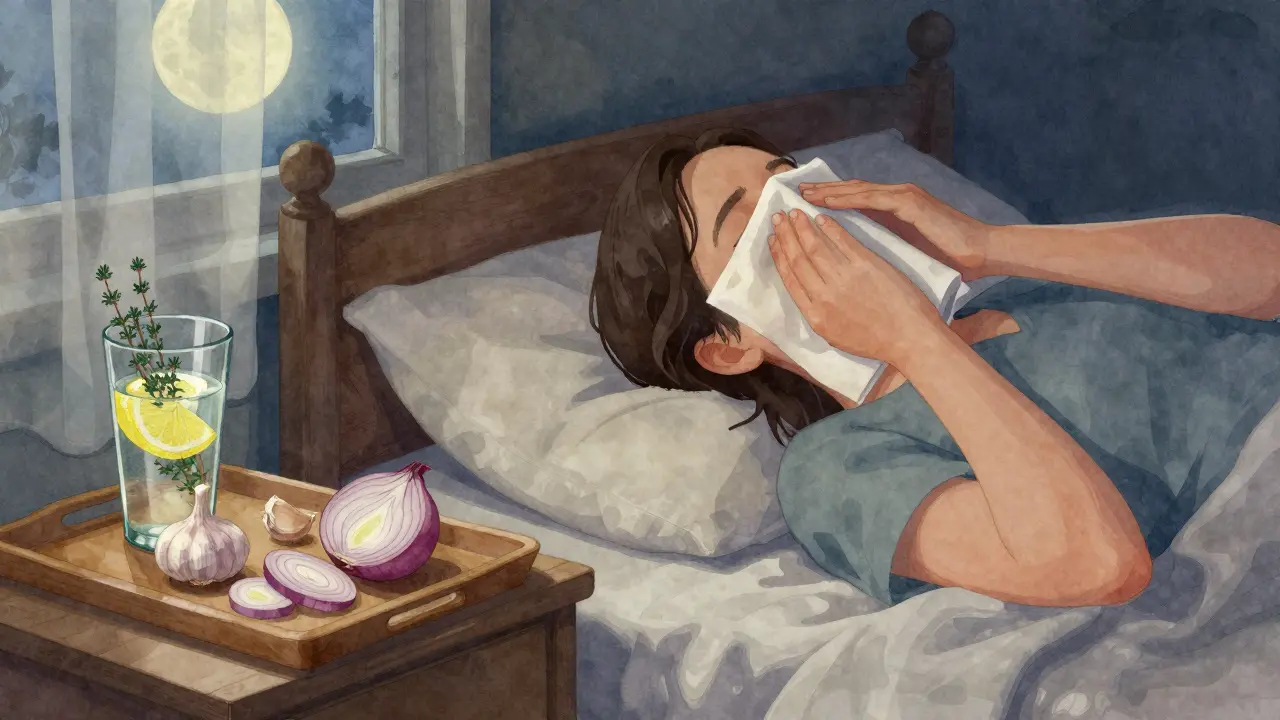 Teplý obklad na nosu v posteli s česnekem a cibulí na nočním stolku.