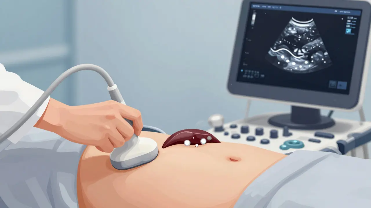 Ultrazvuk břicha s žlučovými kameny na obrazu.