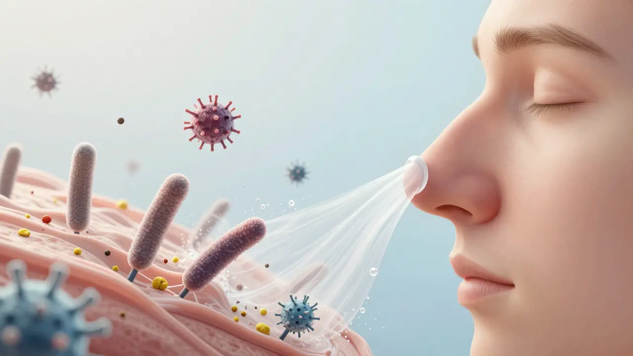 Vizualizace čištění nosní sliznice od alergenů a nečistot solným roztokem.