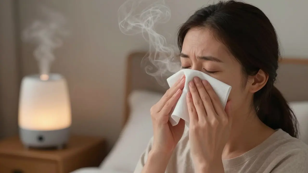 Žena aplikuje teplou kompresi na nos a čelo, uvolňující ucpaný nos.