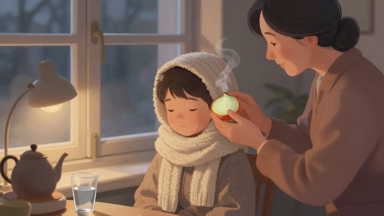 Babička klade teplou cibuli na ucho dítěte.