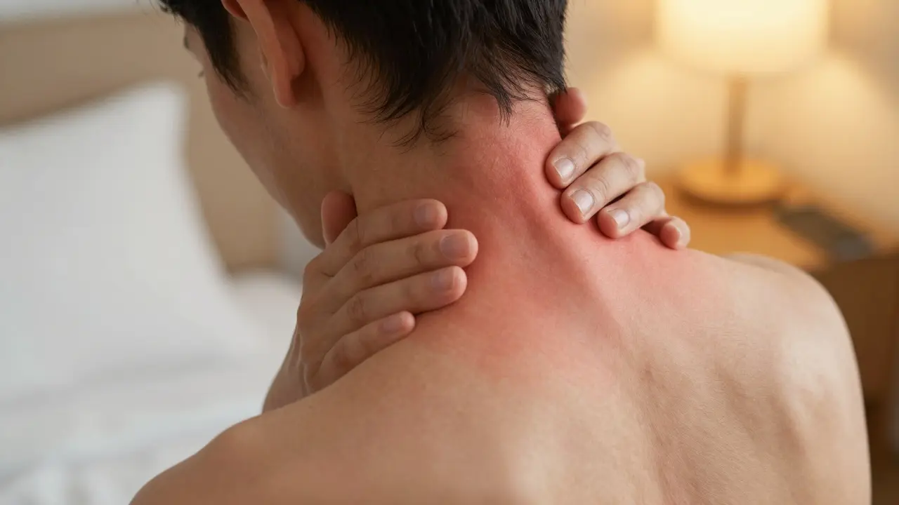 Blízký pohled na napjatý krk a horní část zády s viditelnými svalovými uzly.