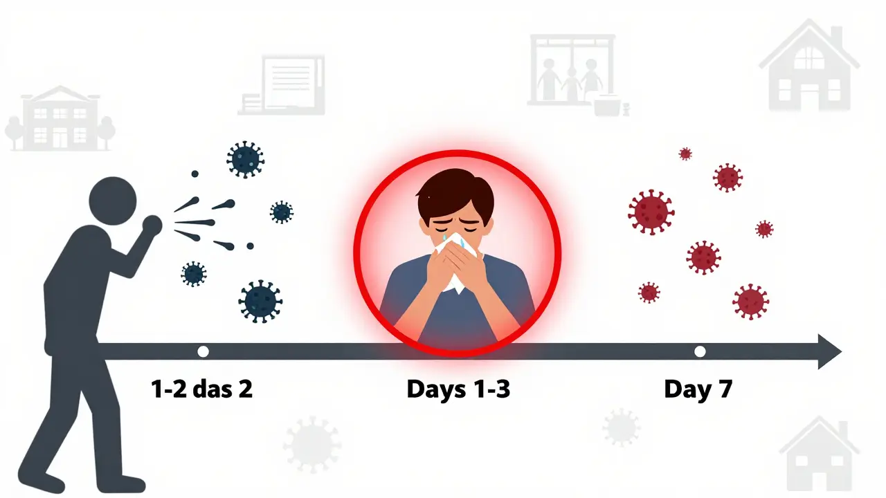 Časová osa ukazující infekčnost rýmy: před příznaky, špička a pokles.