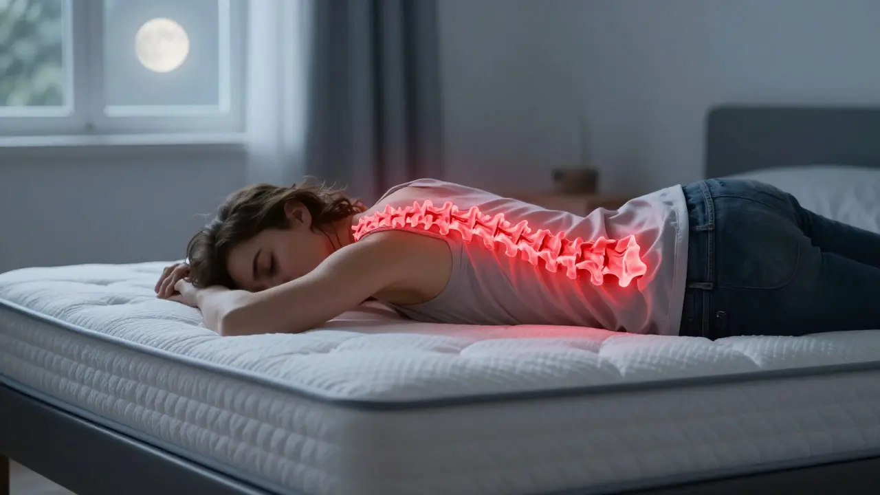 Člověk spí na tvrdé ploše, s červenými čarami vycházejícími z páteře k žeberním obloukům.