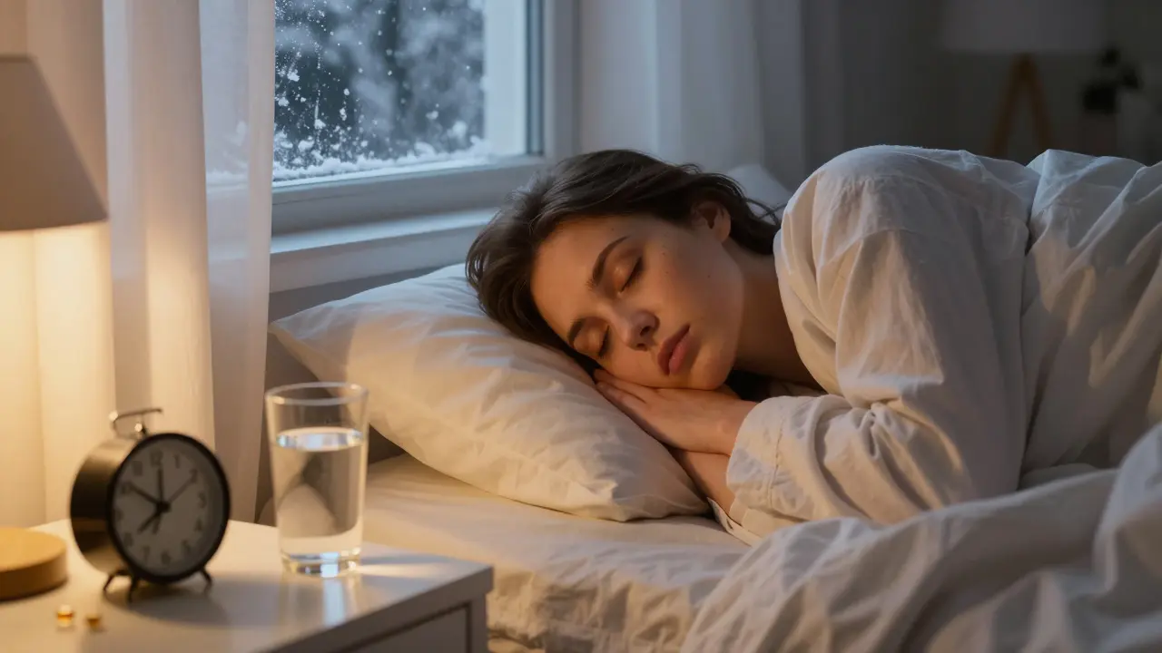 Člověk spí v klidné ložnici, zvýrazněný důraz na kvalitu spánku.