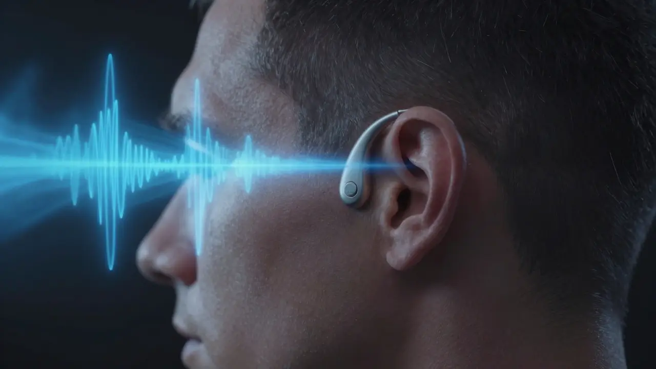 Detail přístroje měřícího kostní vedení za uchem pacienta