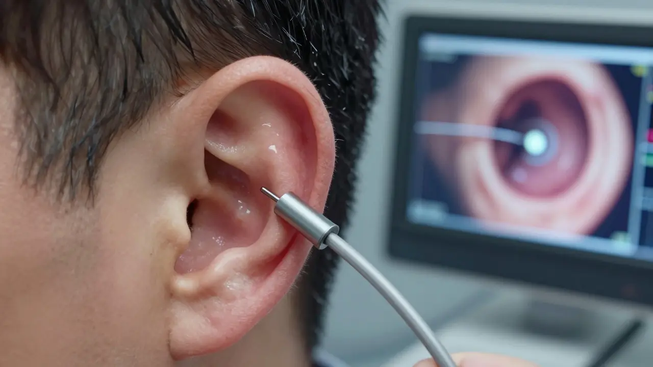 Detailní pohled na ušní endoskopii s viditelným obrazem bubínku na monitoru.