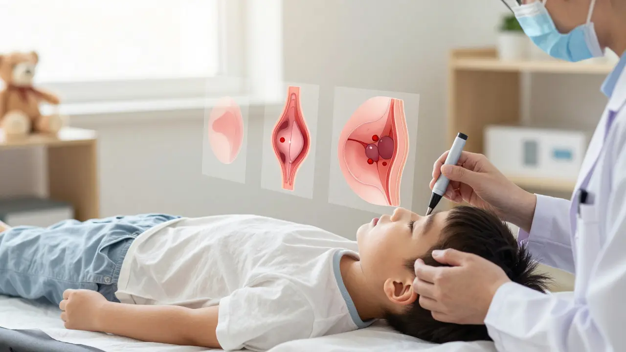 Dítě klidně leží během bezbolestné sonografie uší v lékařské ordinaci.