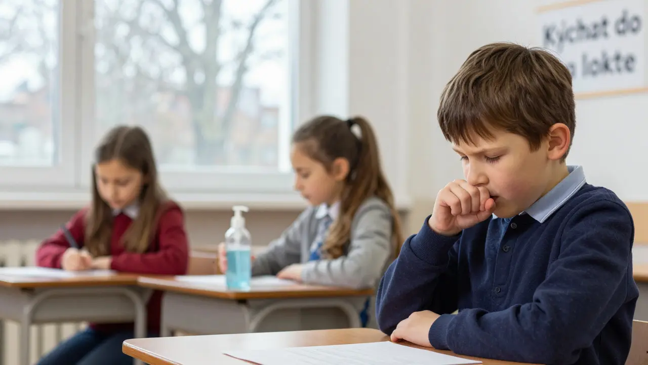 Dítě kýchá do lokte ve třídě, spolužáci sedí vzdáleně, na zdi je nápis 'Kýchat do lokte'.
