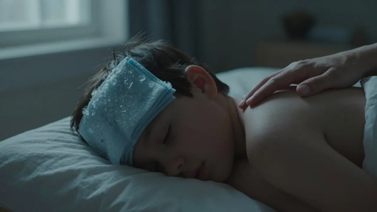 Dítě leží na boku s chladnou kompresí na uchu, rodič se stará o jeho klid.