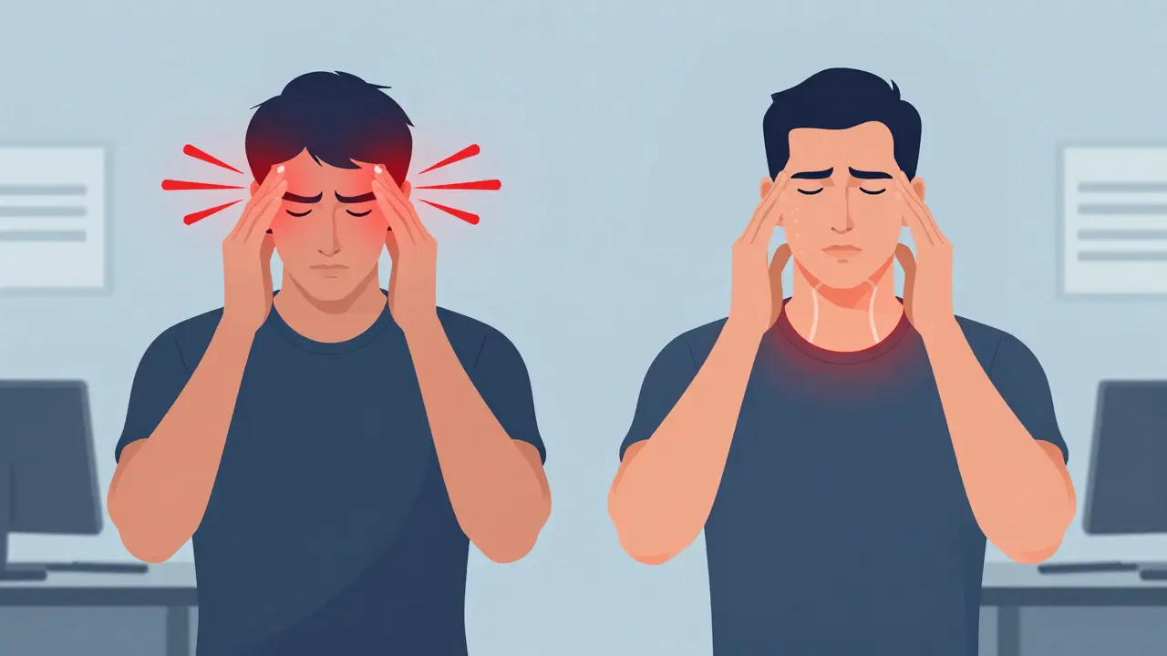Dvě postavy s různými typy bolesti hlavy: jedna s pulsující bolestí, druhá s tlakem od krku.