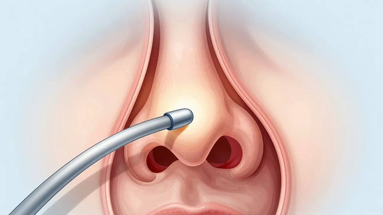 Endoskopický pohled do nosních průchodů s osvětlenými vnitřními strukturami.
