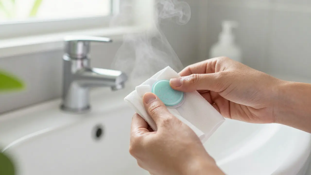 Hygiena krčního límce a péče o kůži po dni nošení v koupelně.