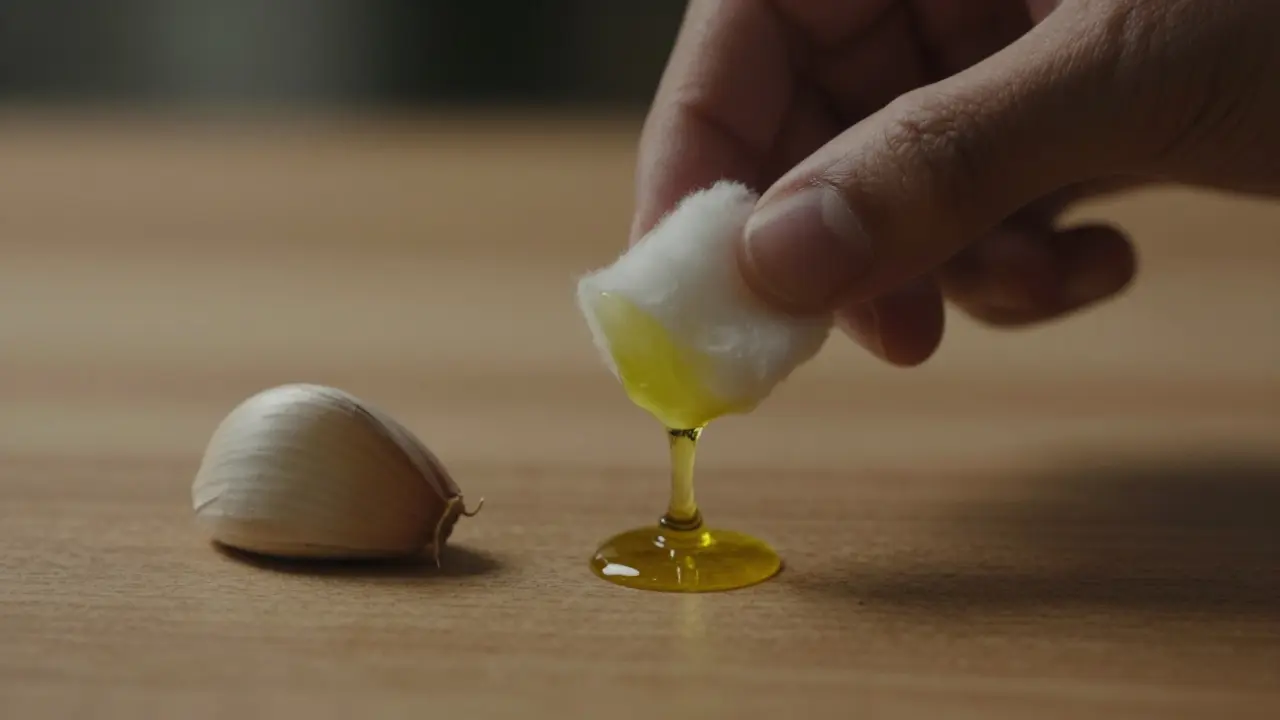 Kousek vaty s olivovým olejem je opatrně umístěn u vchodu do ucha, vedle leží česnek.