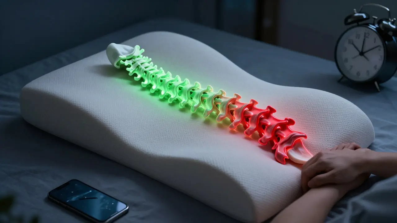 Křivka krční páteře v porovnání: zdravá v přirozené linii a poškozená z důvodu špatné polohy při spánku.