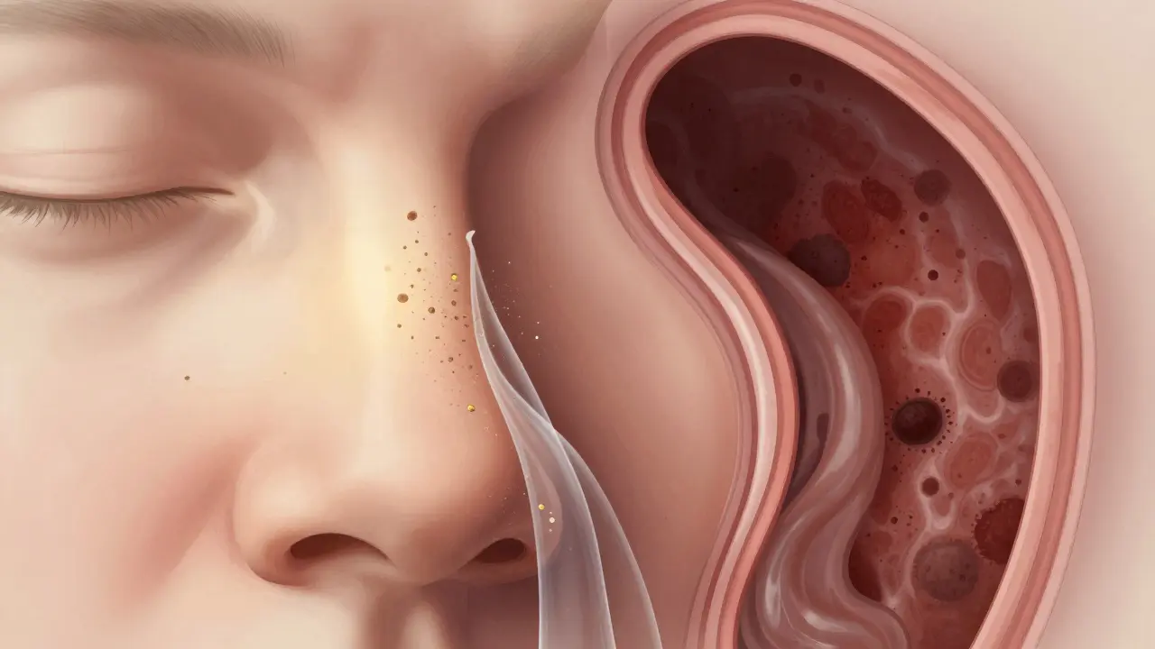 Křížový řez nosní dutiny: čistý roztok vyčišťuje cizí částice, vedle něj je zánětlivá sliznice s hlenem.