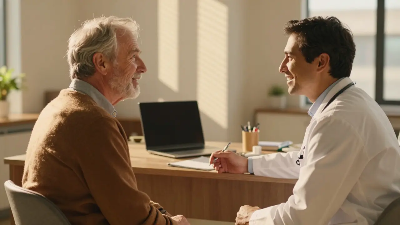 Lékař a senior diskutují o zdraví v teplém ordinančním světle
