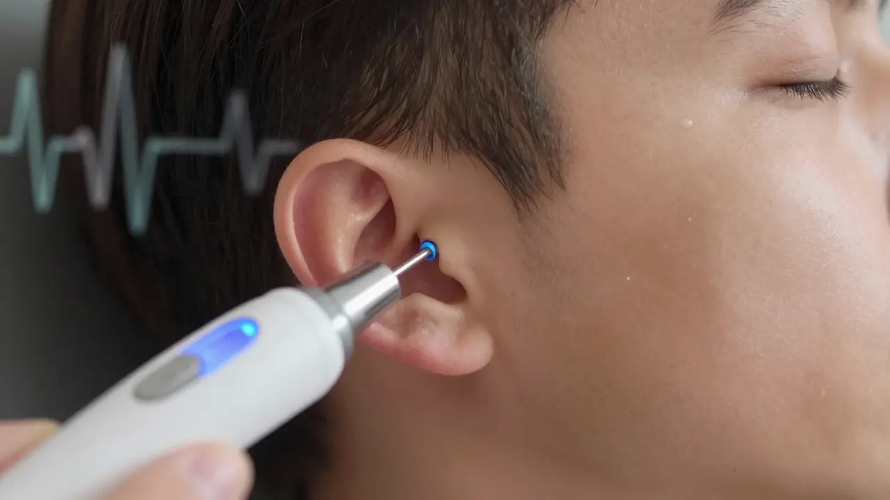 Malý přístroj měří pohyb ušního bubínku při tympanometrii.