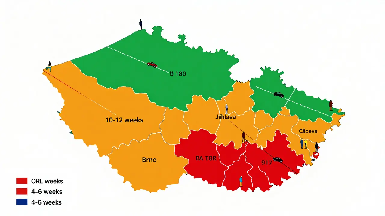 Mapa Česka s barevnými zónami ukazujícími délku čekání na ORL v různých regionech.