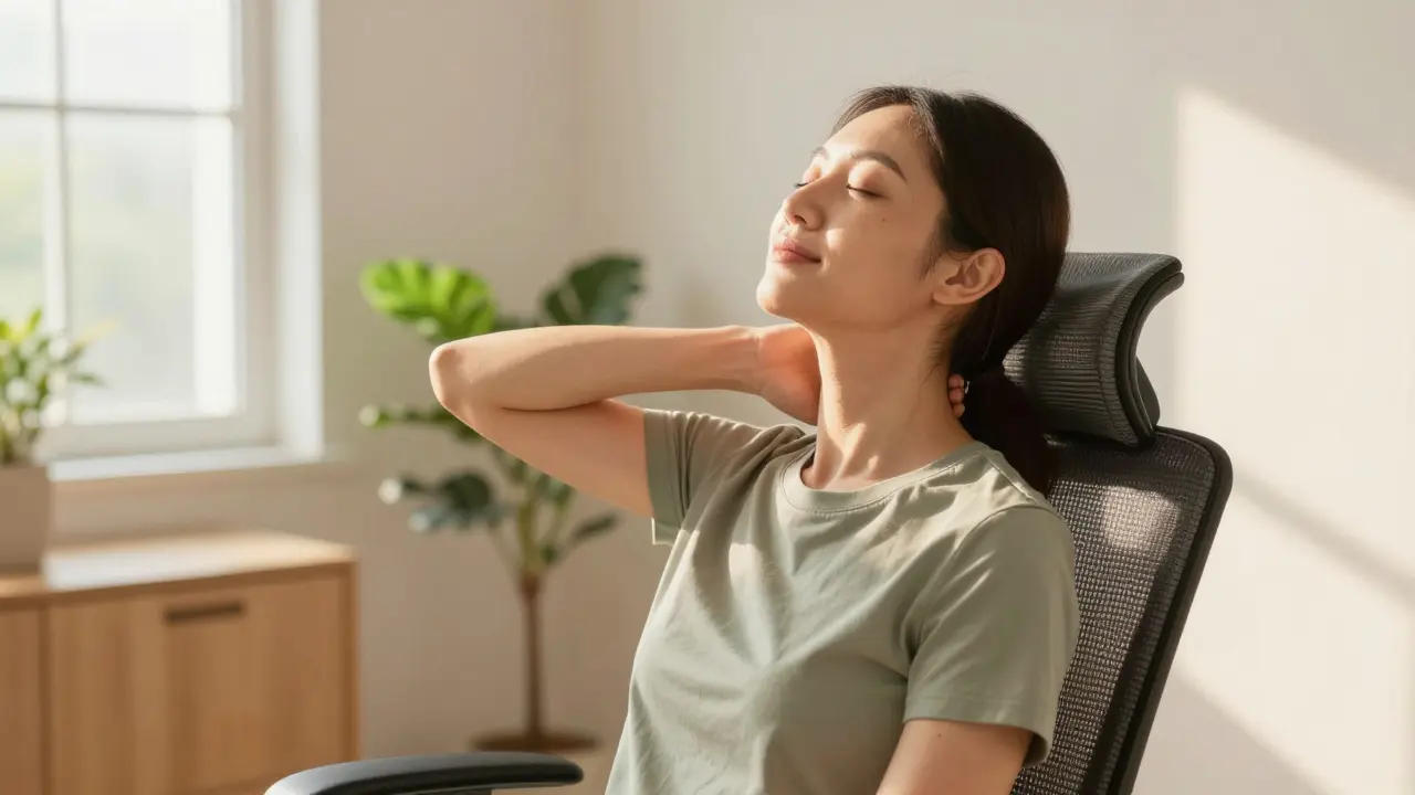 Osoba provádějící cviky na uvolnění krku v klidné místnosti