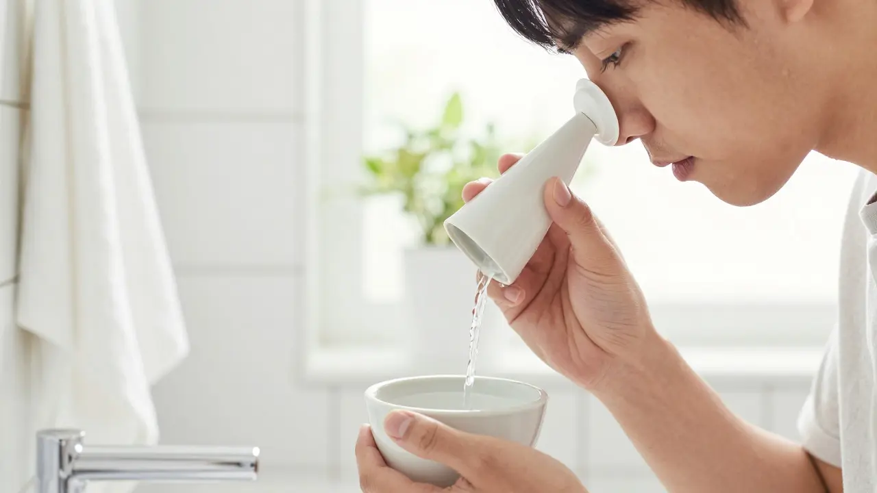 Osoba si prouží nos solným roztokem pomocí neti pot.