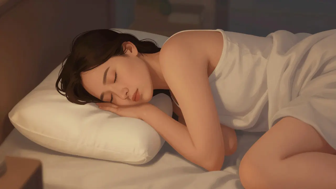 Osoba spí na boku s polštářem mezi hlavou a ramenem a dalším polštářem mezi nohama pro správnou postavu.