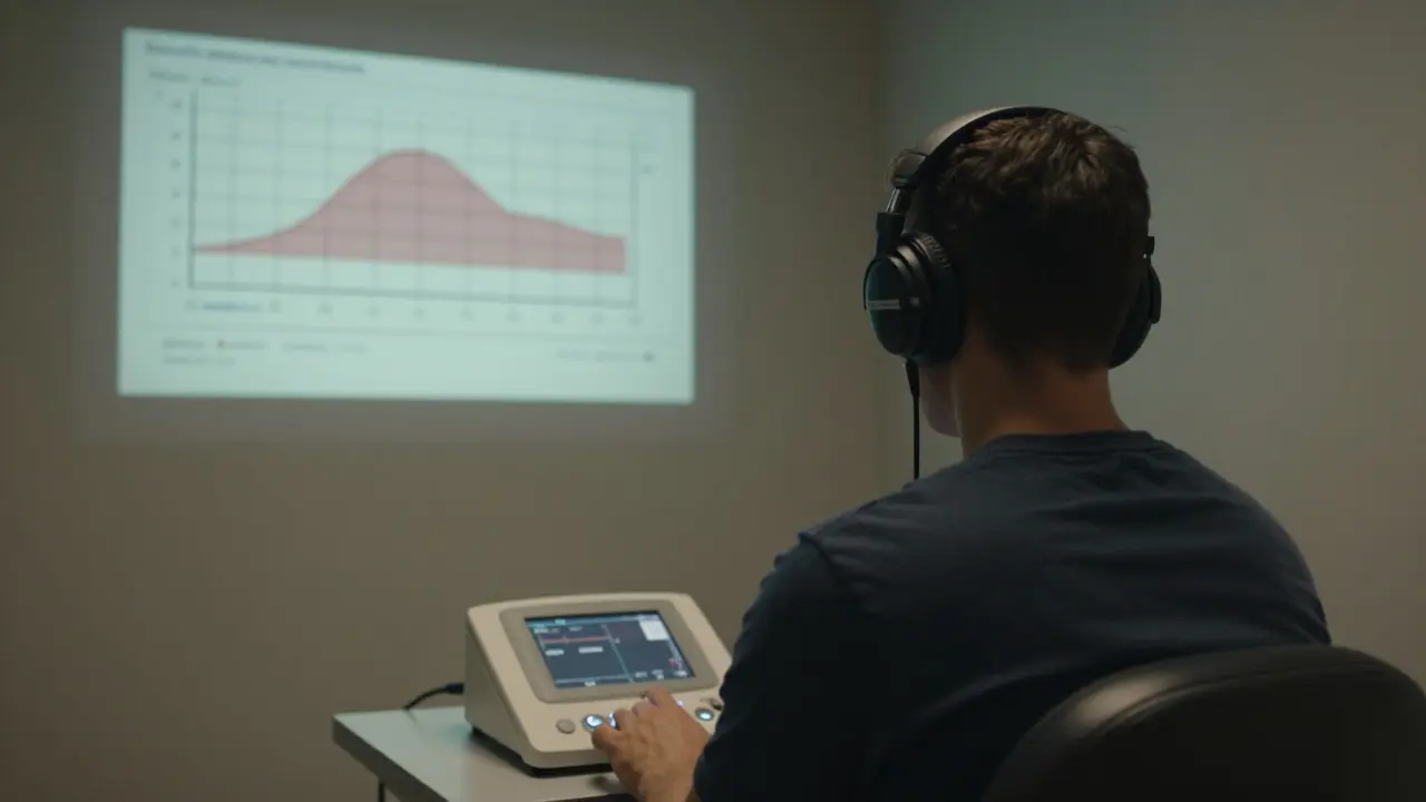 Pacient provádí test sluchu v hlukově izolované kabině s headfoni a audiogramem na pozadí.