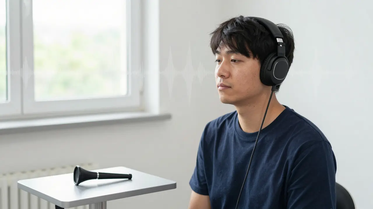 Pacient slouchá během audiometrického testu s headfóny.