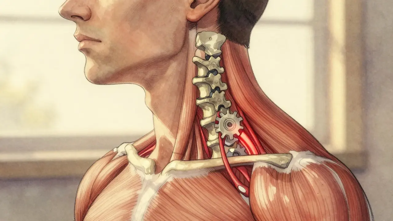 Profyl krku s jedním zablokovaným kloubem, napětí se šíří do ramene a paže.
