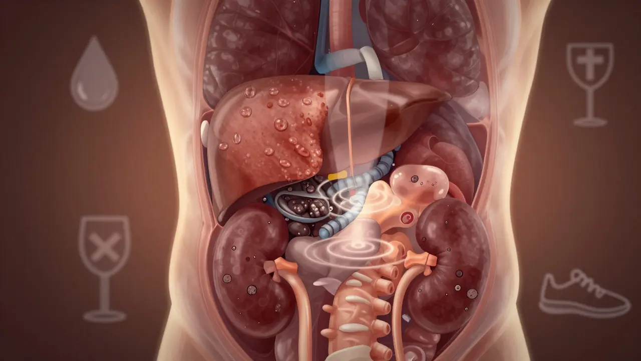 Průhledný pohled na jaterní tukovou degeneraci, žlučové kameny a ledvinné kameny pod ultrazvukem.